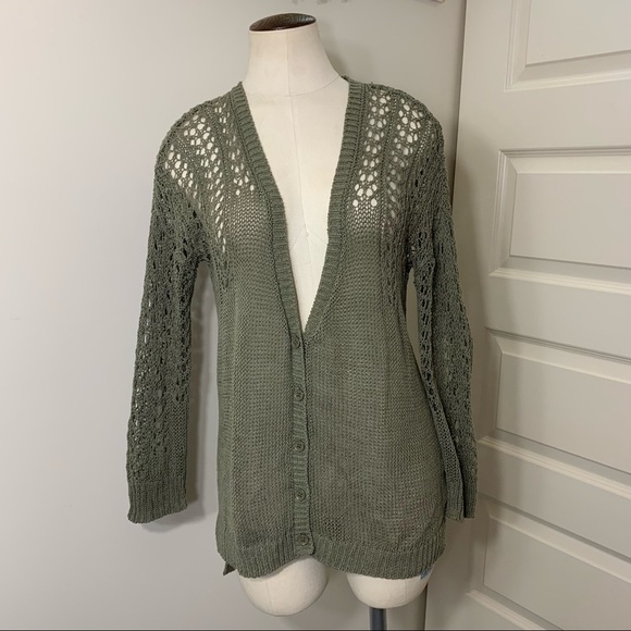 𝅺DKNY Olive Minimalist Green Crochet Knit Cardigan Sweater Deep V Neck Sz XS - Picture 4 of 10